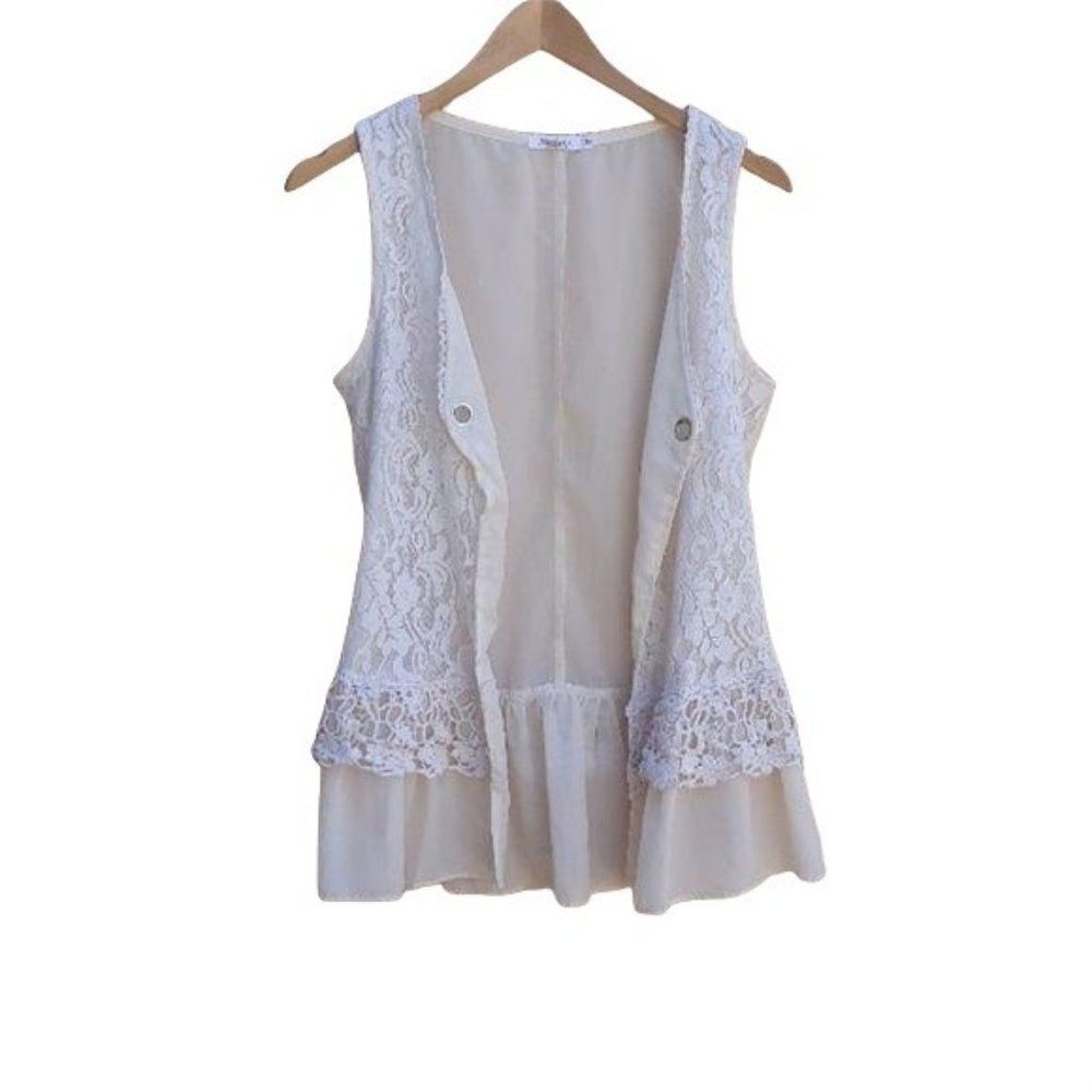 Naranka Boho Sheer Lace‎ Ruffle Flounce Peplum Rhinestone Grommet Tie Vest Sz M